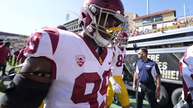 Oct 2, 2021; Boulder, Colorado, USA; USC Trojans linebacker Drake Jackson (99) before the game against the Colorado Buffaloes at Folsom Field. Mandatory Credit: Ron Chenoy-USA TODAY Sports